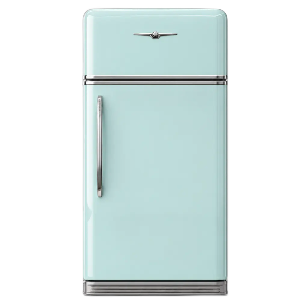 A vintage 1950s mint-cyan refrigerator with brushed chrome trim, a chrome handle on the lower door, a chrome badge at the top, and a chrome kickplate at the base.