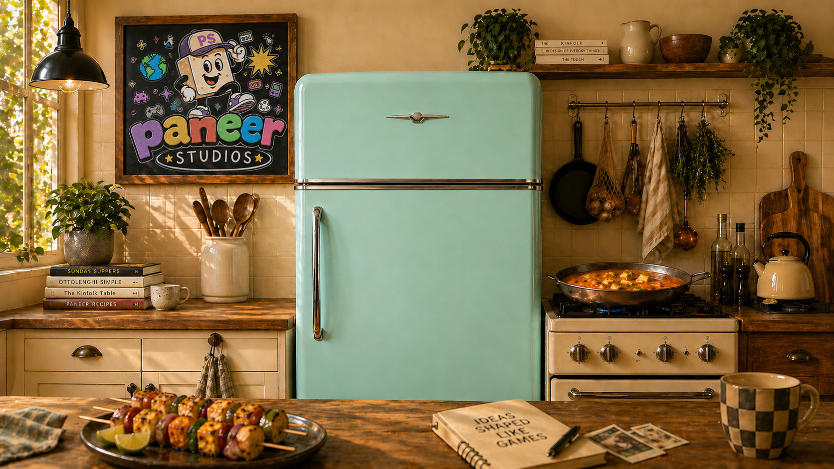 A cozy sunlit vintage kitchen: a mint-green retro fridge, a chalkboard with the colorful Paneer Studios mascot, a pan of paneer curry on the stove, veggie skewers, hanging utensils and potted herbs