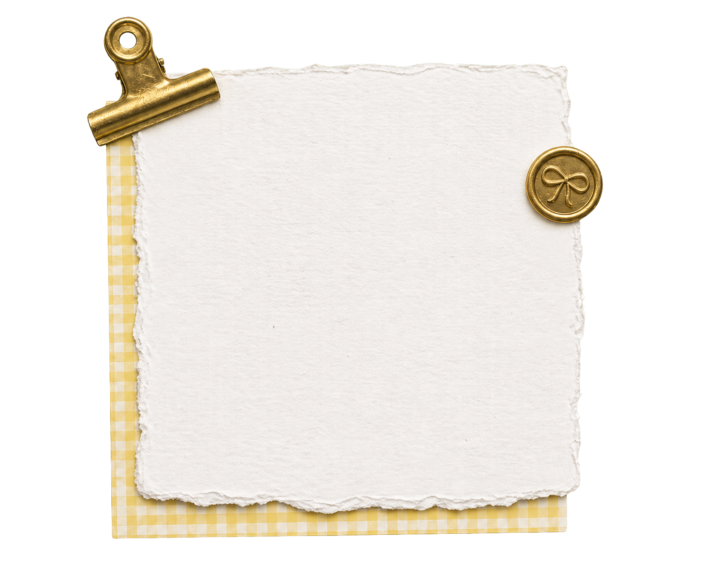 A torn-edge note clipped with a brass clip and sealed with a wax bow stamp, layered on yellow gingham